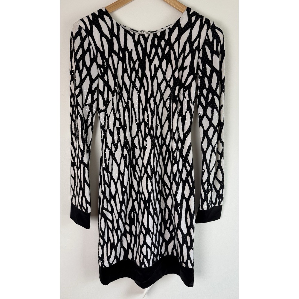 Cache Dress Size 2 Black & White Print Bodycon Sequins Long Sleeves Vintage NOS